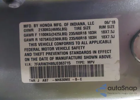 2018 Honda Cr-V Ex-L/Ex-L Navi from USA, damaged, VIN 7FARW2H89JE063715